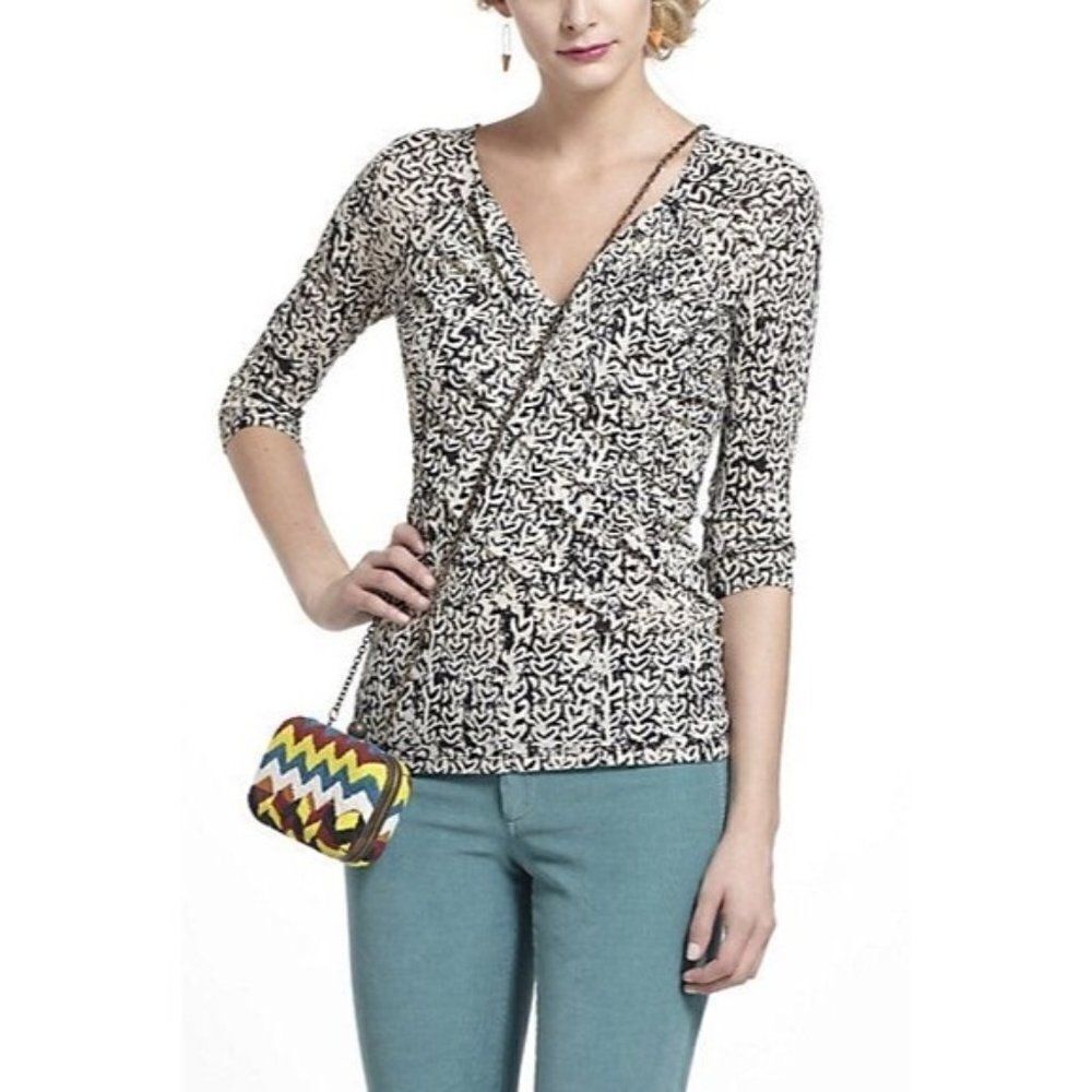 MEADOW RUE Faux Wrap Batik Print Ruched Mesh Top